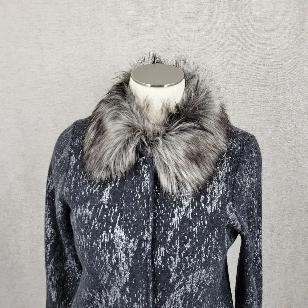 Chico's Wool Gray Button Up Cardigan Sweater Jacket with Faux Fur Collar